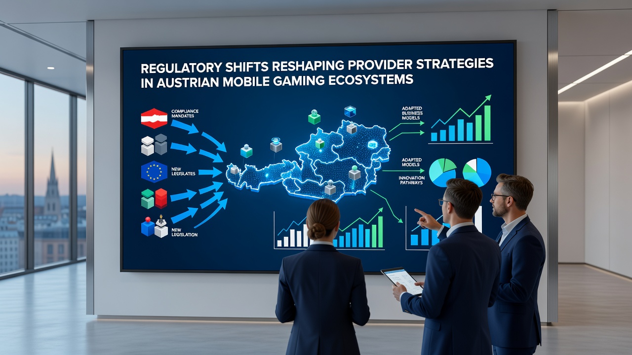 Team of compliance specialists analyzing mobile gaming metrics on large screens in Vienna